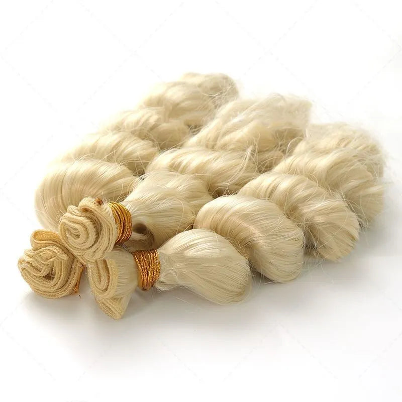 Golden synthetic women's wig showing length options of 18, 20 and 22 inches