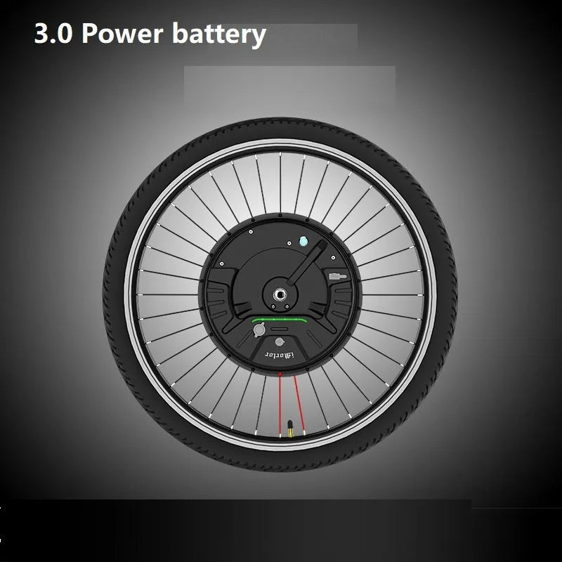 Yunzhilun 26-inch bicycle electric conversion kit showing alloy hub motor wheel, lithium battery, and charger.