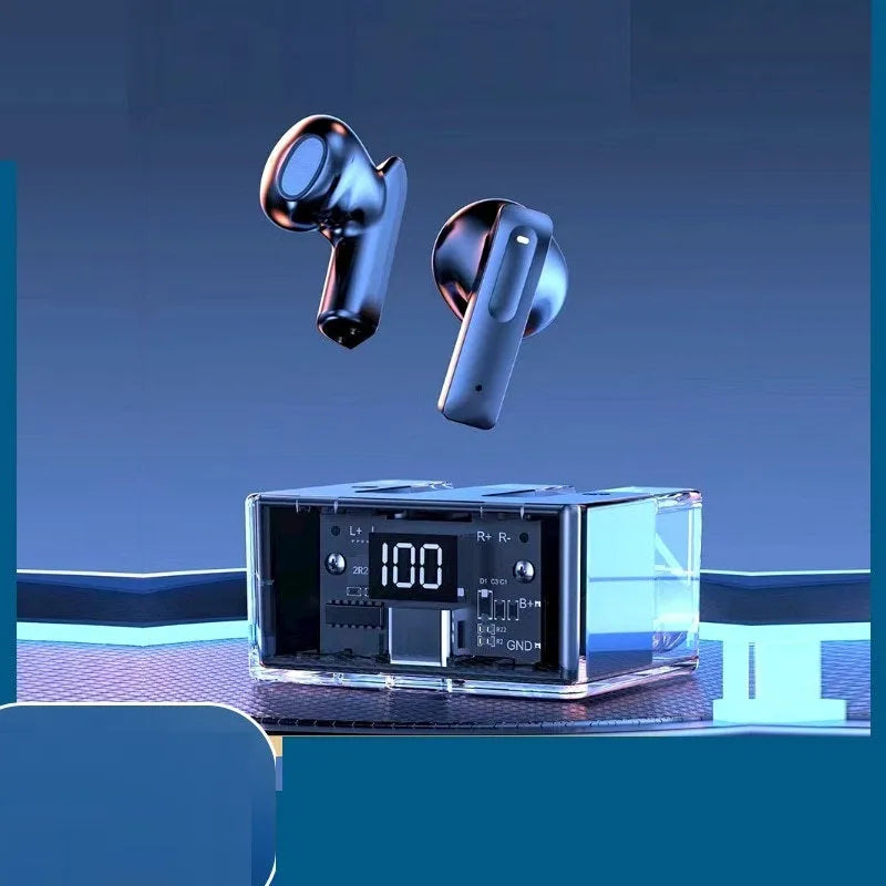 Transparent plastic true wireless Bluetooth headphones showing internal components with digital display charging case