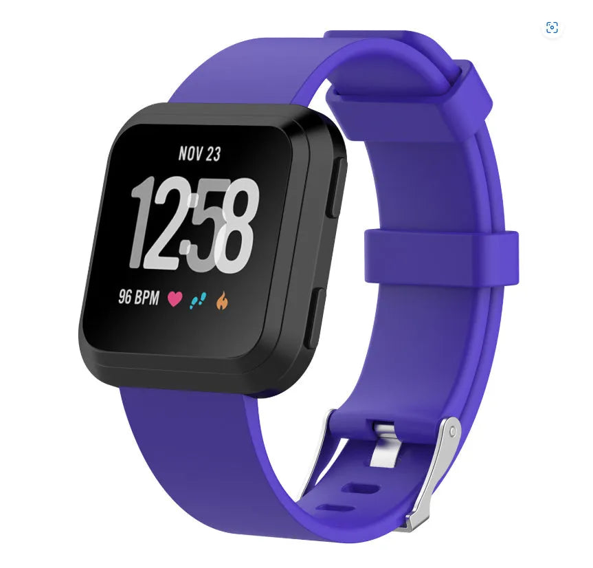 Fitbit Versa Lite replacement strap in multiple colours showing TPE material and size options.