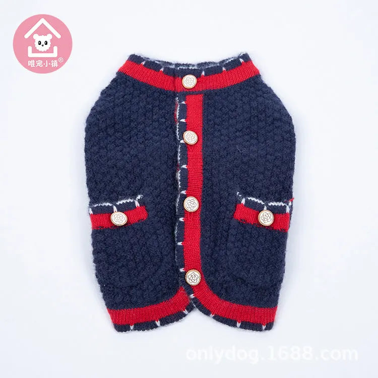 Blue wool princess-style sweater cardigan for dogs and cats shown on a pet model