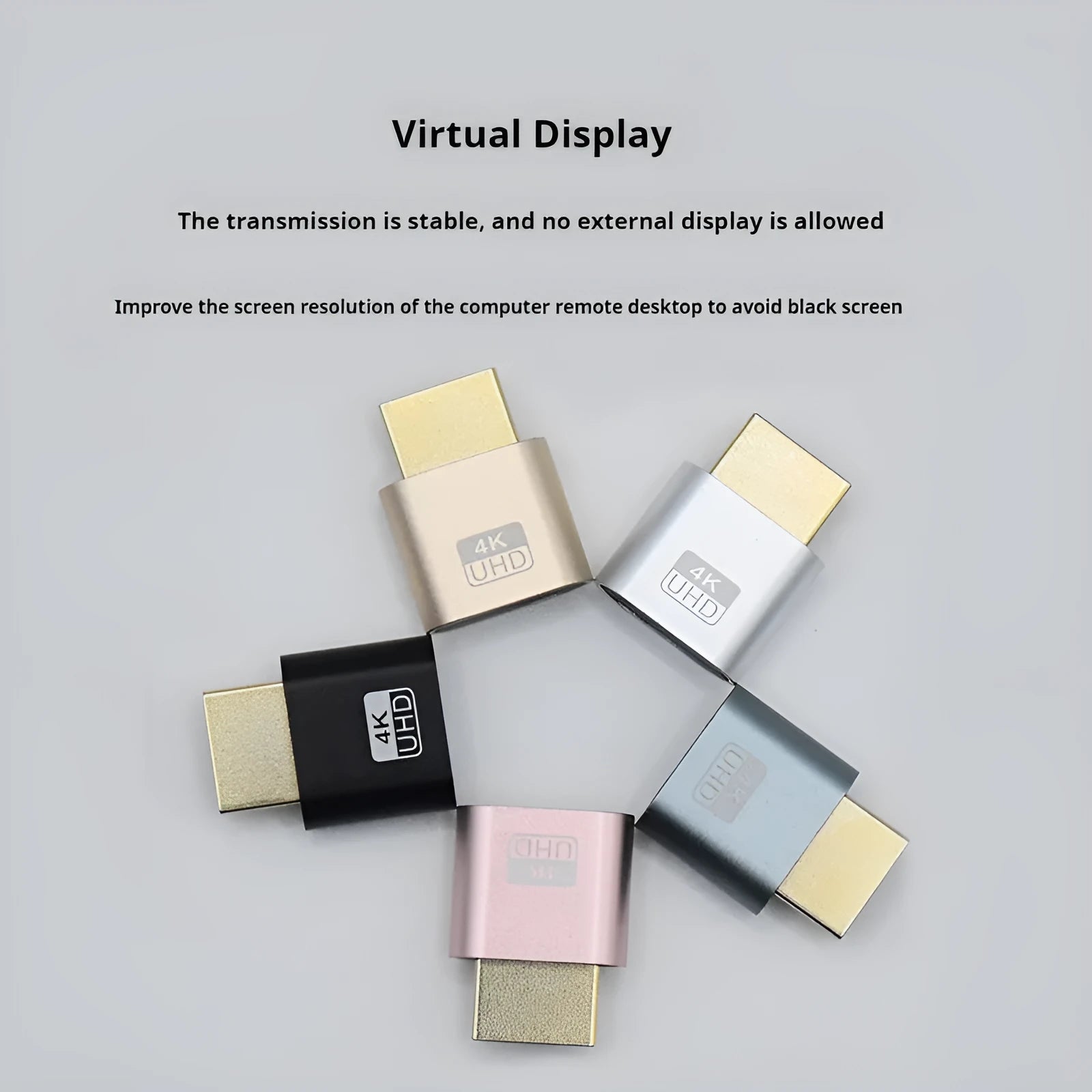 Compact HDMI graphics card dummy plug in gold, silver, black, gray, or rose gold finish for virtual display emulation.