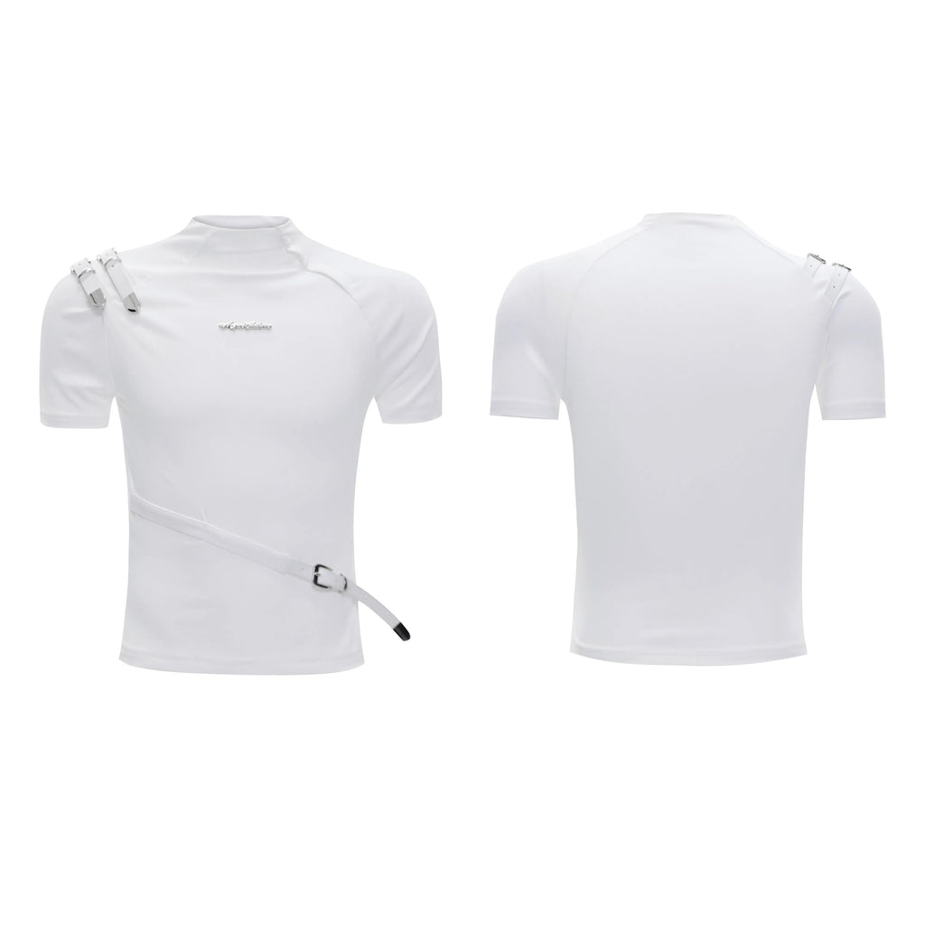 Men's black slim fit cotton T-shirt with metal belt detail and stand-up collar