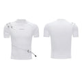 Men's black slim fit cotton T-shirt with metal belt detail and stand-up collar