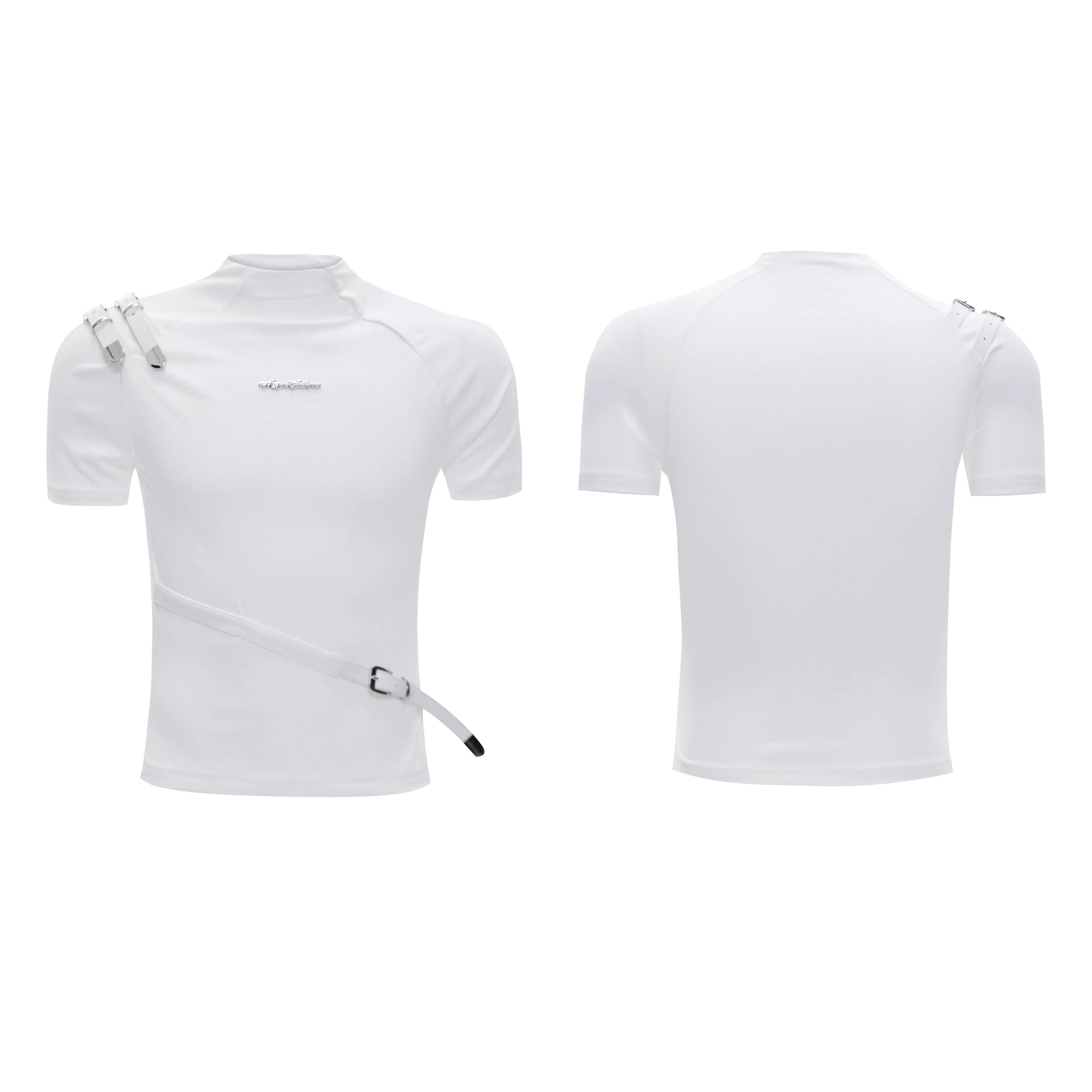 Men's black slim fit cotton T-shirt with metal belt detail and stand-up collar