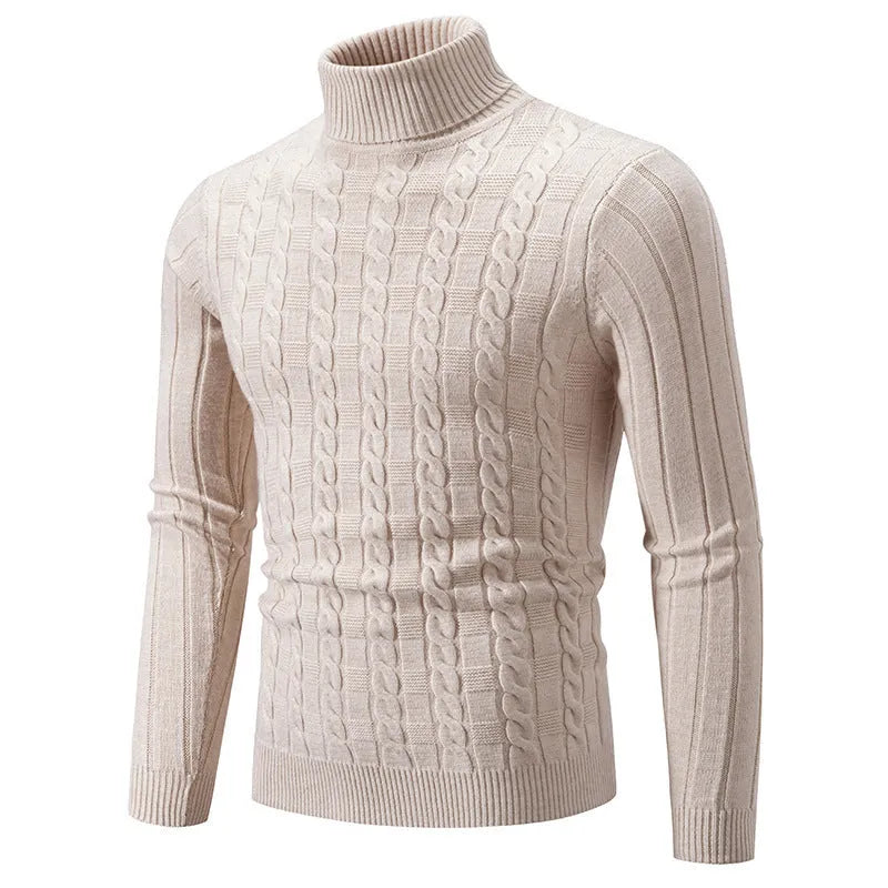 Men's slim-fit twist design turtleneck pullover sweater in chenille fabric.