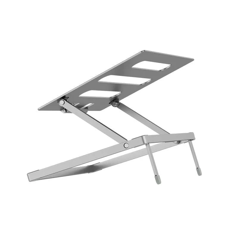 Silver aluminium alloy folding laptop cooling stand on a wooden desk.