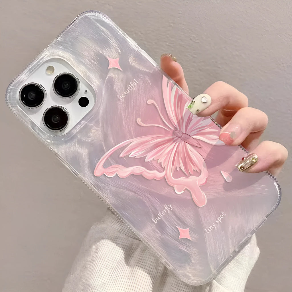 Transparent PC silicone phone case with feather yarn butterfly design for Apple iPhone