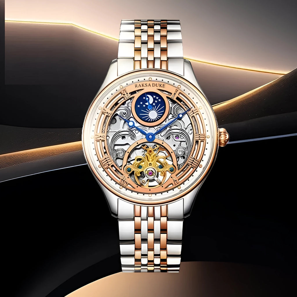 Waterproof business watch with steel strap showing 16mm thickness and hollow case design