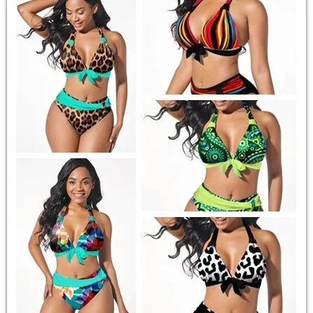 Women's colourful printed plus size bikini swimsuit set on a mannequin