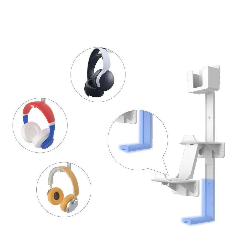 White adhesive wall hook holding a PS5 controller and gaming headset.