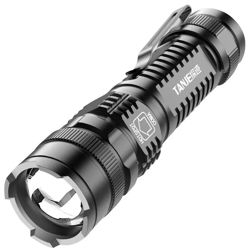 Black aluminium alloy telescopic LED flashlight with zoom adjustment and clip for carrying