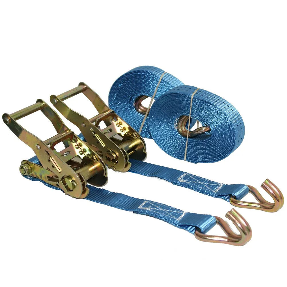 Ratchet tensioner cargo binding strap with double steel hooks on a polyester belt.