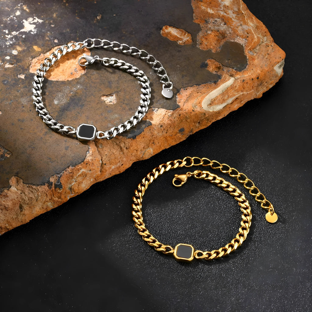 Stainless steel chain bracelet with six-sided acrylic geometric beads in Gold and Steel colour options