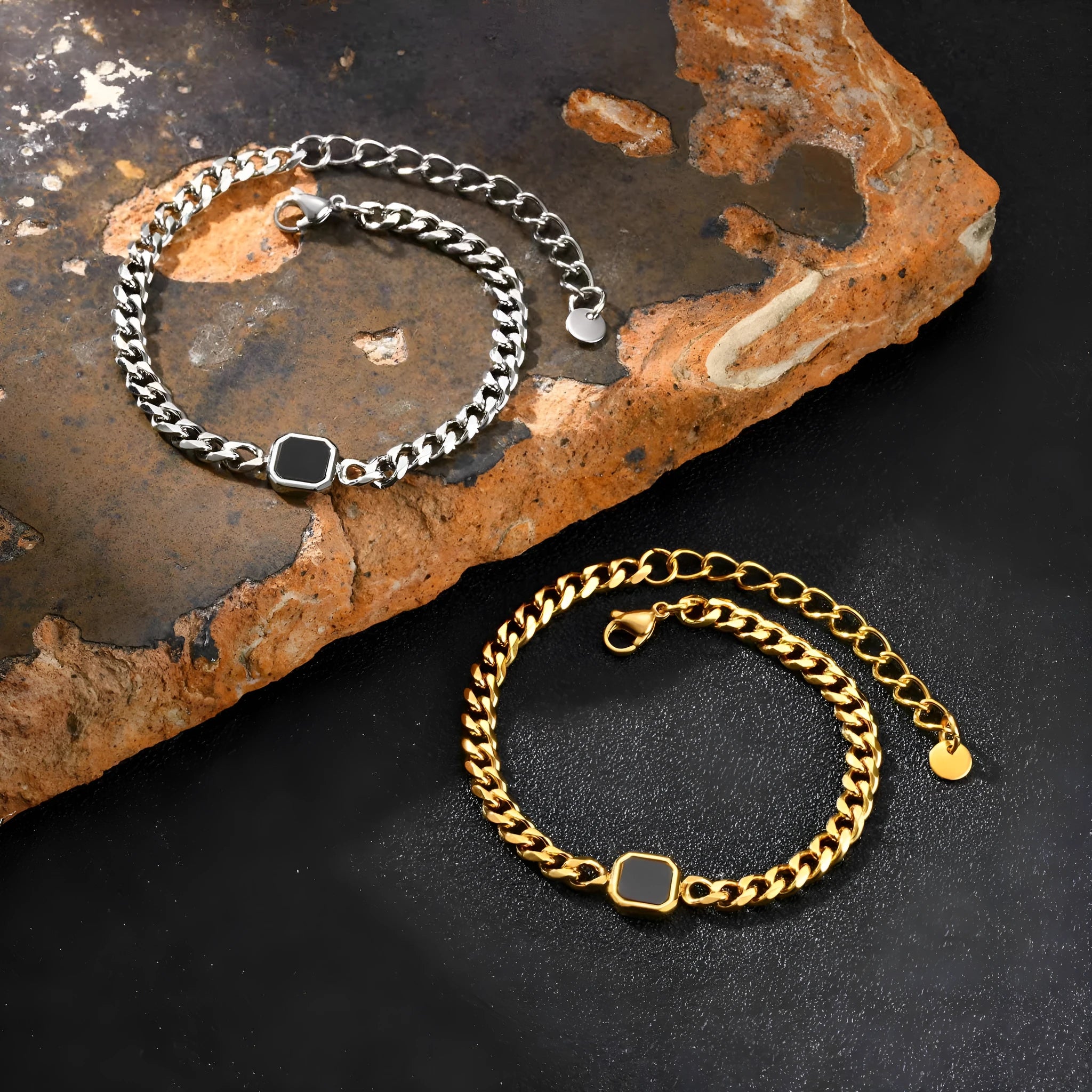 Stainless steel chain bracelet with six-sided acrylic geometric beads in Gold and Steel colour options