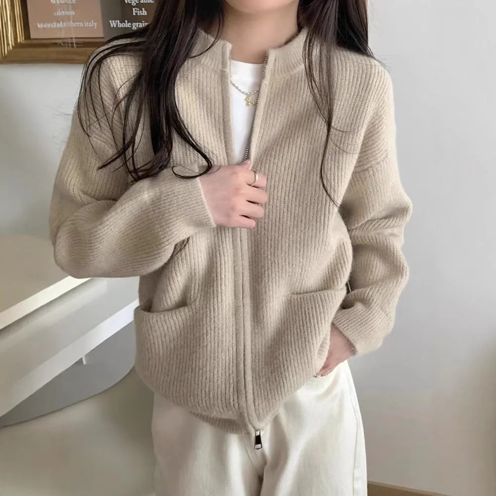 Beige viscose fibre cardigan coat with long sleeves and temperature-sensitive fabric