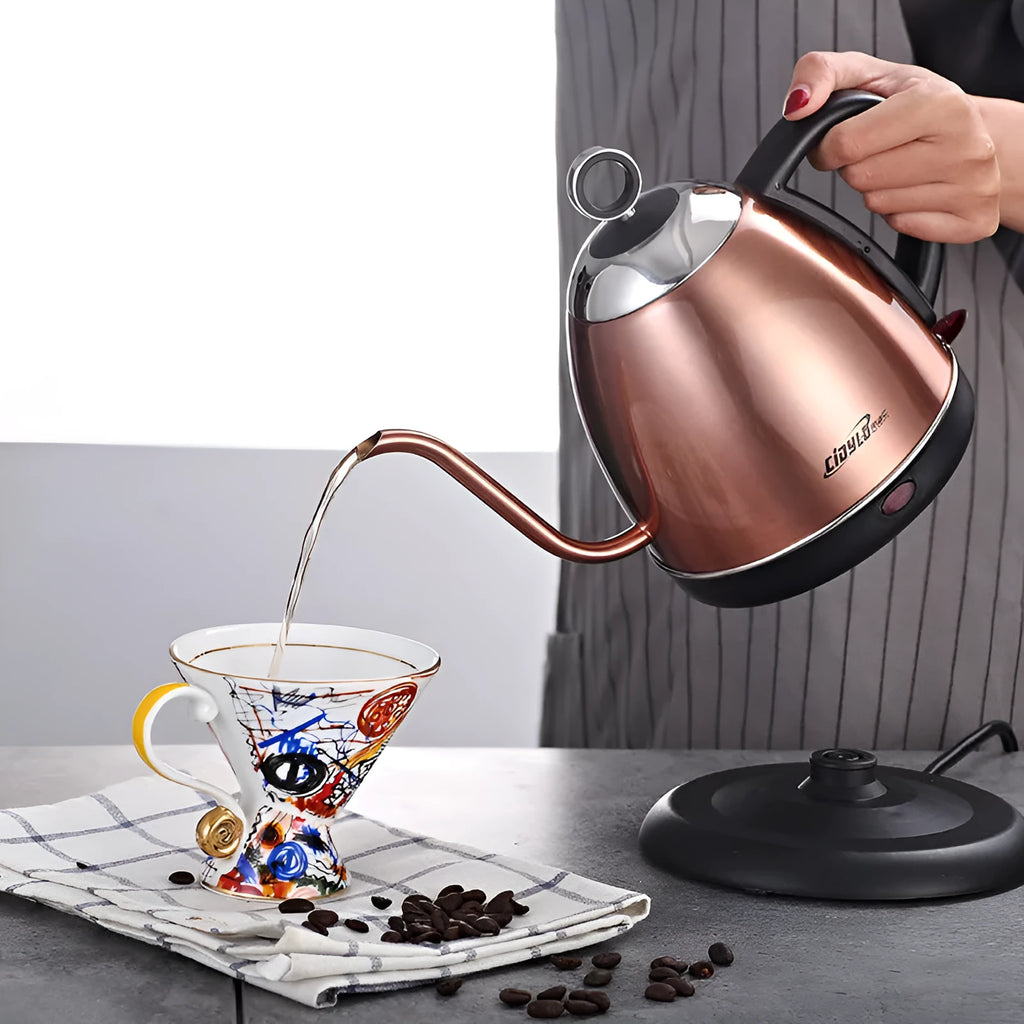 White automatic stainless steel kettle with touch control panel and 1L capacity.