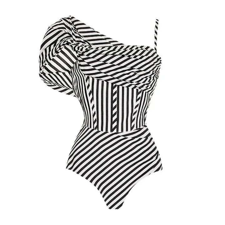 Women's striped one-piece swimsuit with ruffle detailing in polyester fabric