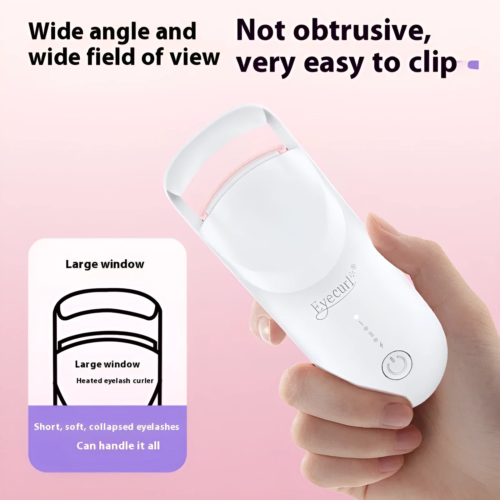 Electric heating eyelash curler in plastic construction with charging cable, available in multiple colour packaging options