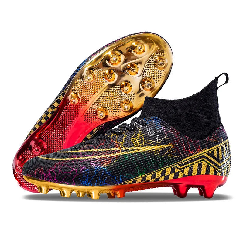 Men's high-top football training shoes with a gold plated bottom on a synthetic leather and PVC sole.