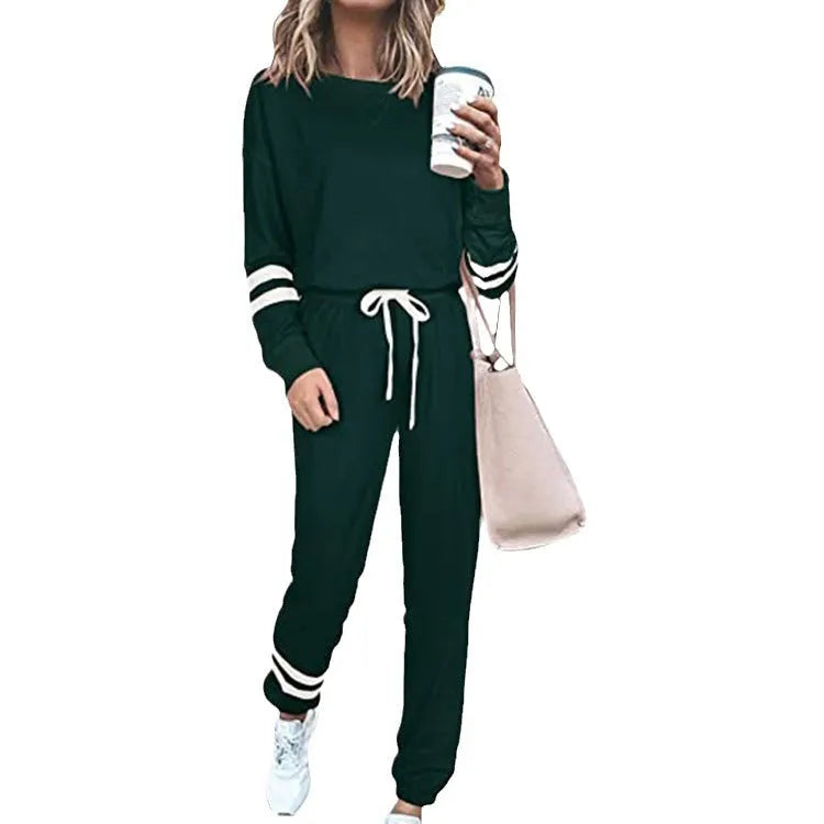Women's plus size casual suit set with loose-fitting long sleeve top and trousers in solid colour