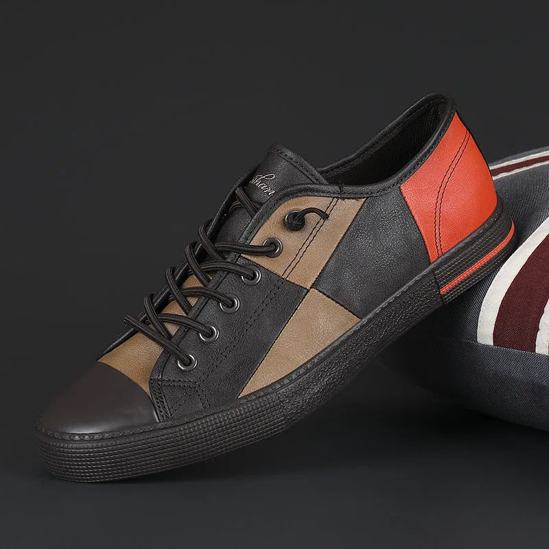 Men's colour matching leather shoes with round toe, flat heel, and elastic band closure
