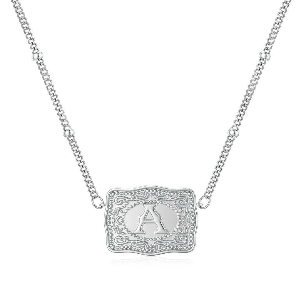 Electroplated copper personalised letter necklace showing gold and white K colour options with alphabet character selection