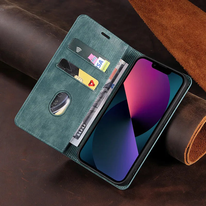 Magnetic leather flip phone case for iPhone in solid colours showing front and back views.