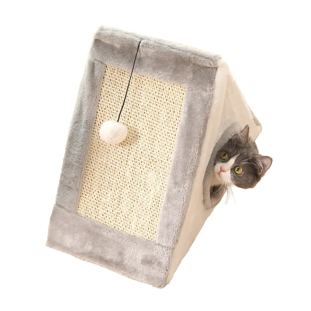 Grey and white triangular cat bed with integrated sisal scratching panels on the side.