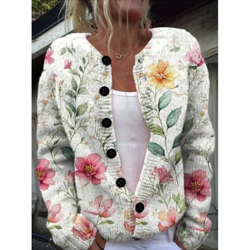 Yellow digital printing cardigan knitted coat with 3D stereo pattern design