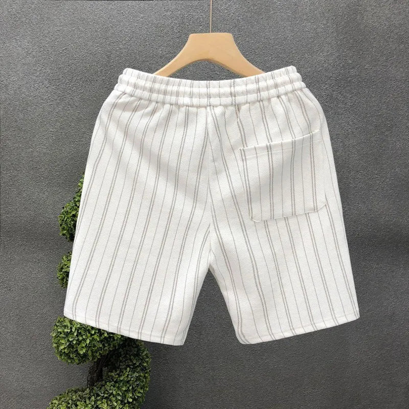 Men's black and white striped fleece-lined casual shorts with double waistband and ankle banded design