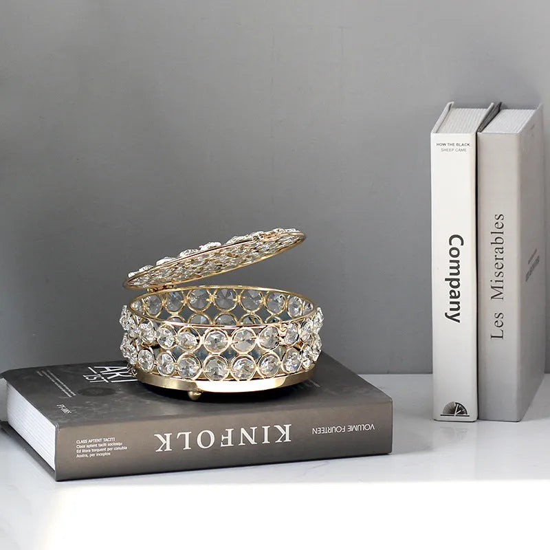 French gold European style jewellery storage box with transparent crystal glass panels and iron metal construction