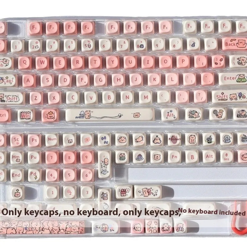 Pink mechanical keyboard keycap with a detailed fragrant pig design on all sides, shown next to a keycap puller tool.