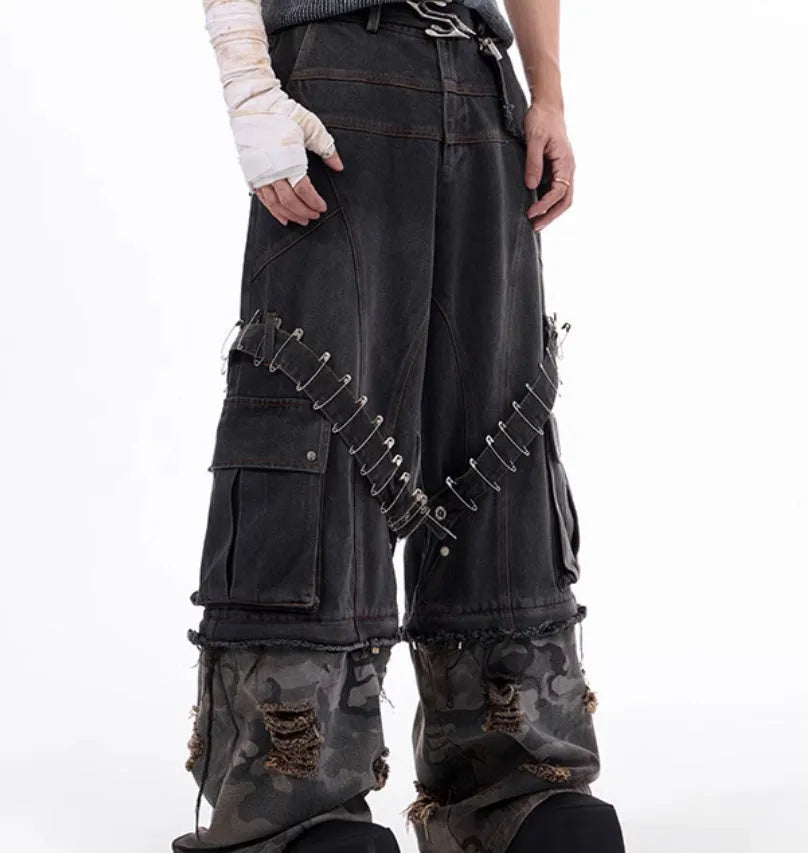 Men's grey cotton jeans with camouflage pattern splicing and pin ribbon details on legs