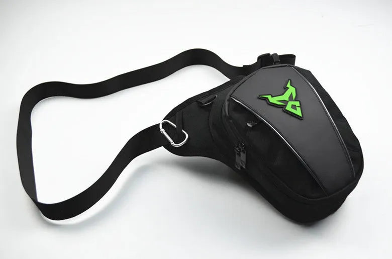 Motorcycle leg bag in 1200D Oxford cloth, shown in one of four colours: red, blue, green, or grey.