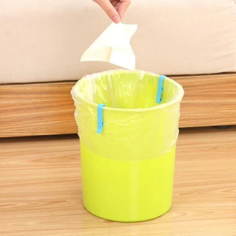 Grey PP plastic garbage bag fixing clip attached to bin side holding liner securely