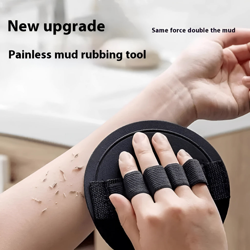 Rubber finger-style bath gadget for women in round cake colour with bath towel