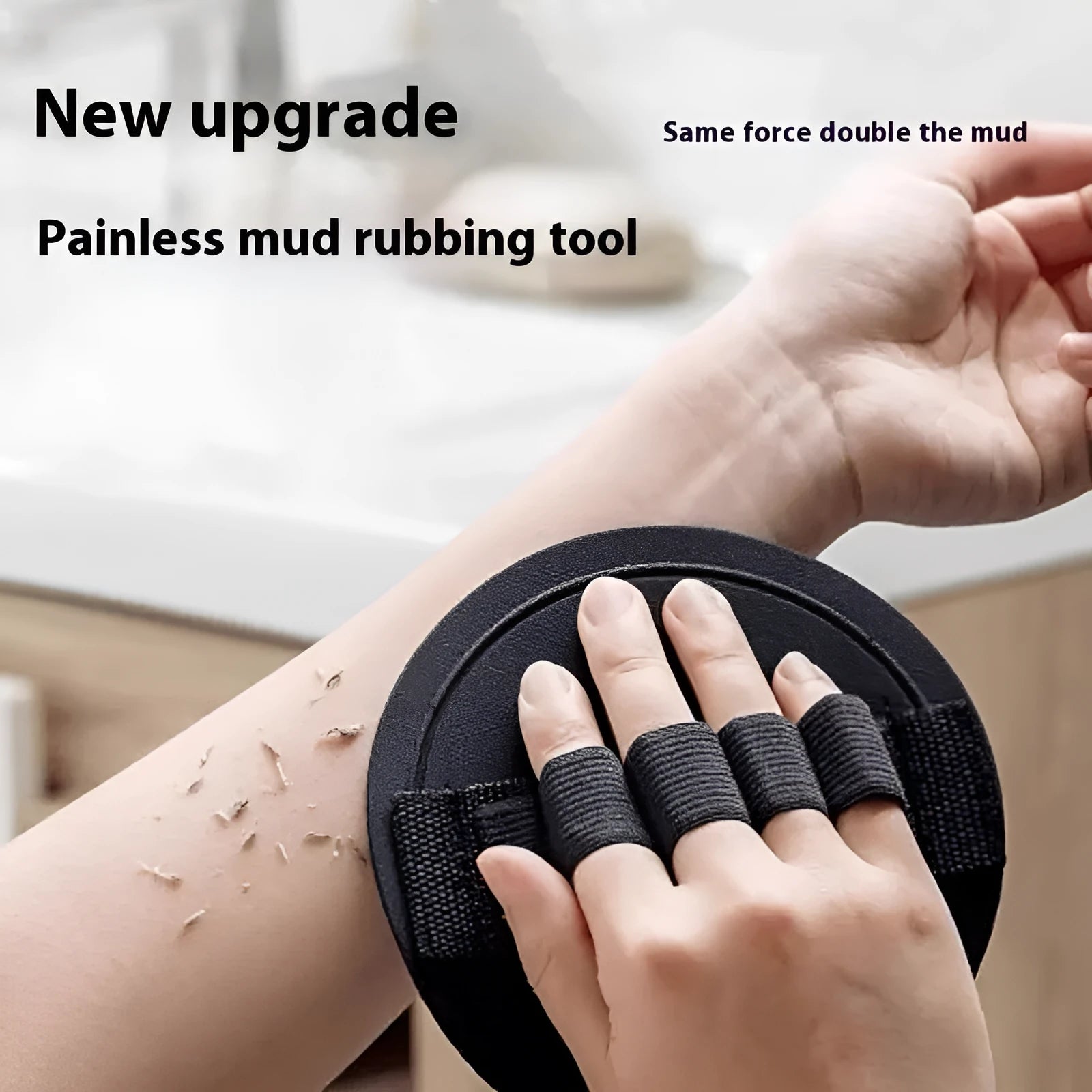 Rubber finger-style bath gadget for women in round cake colour with bath towel