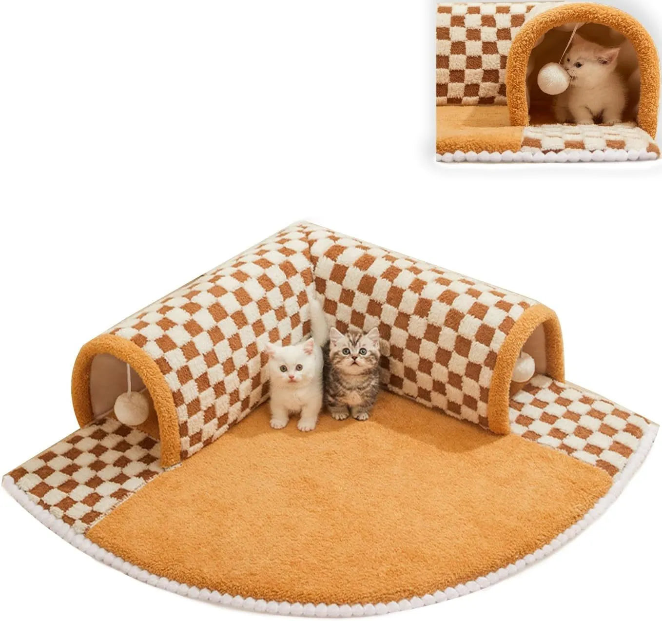Brown plaid plush cat tunnel bed with a zippered entrance and central mat on a wooden floor.