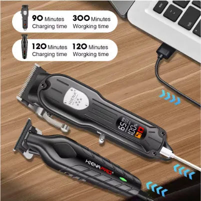 Black professional hair clipper set with LCD display and aluminium foil shaver