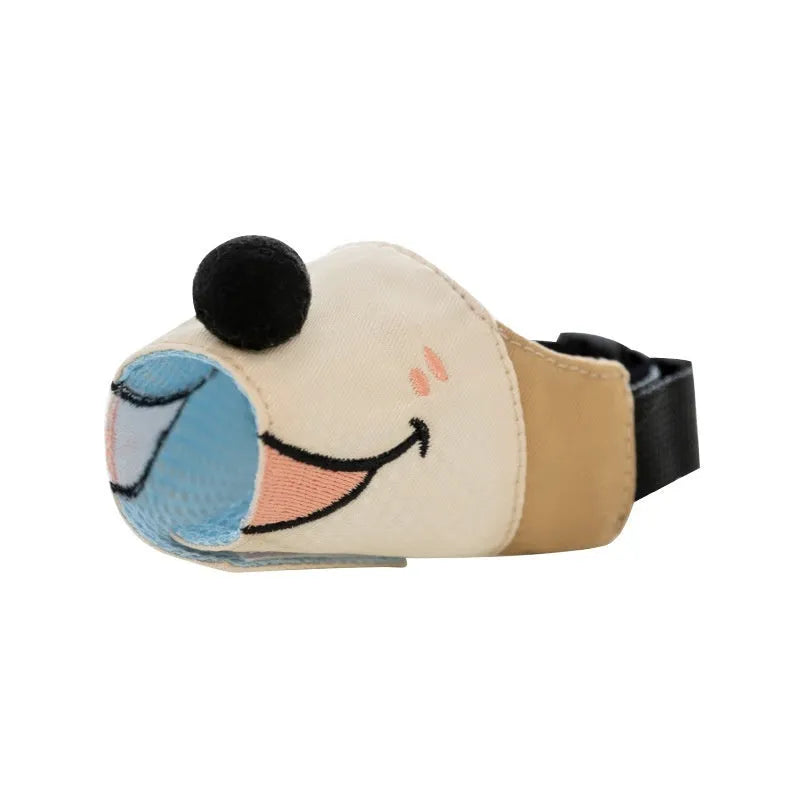 Canvas dog mouth cover muzzle shown in Ollie Brown Bear and Bondi Blue Shark designs, available in S M L XL sizes.