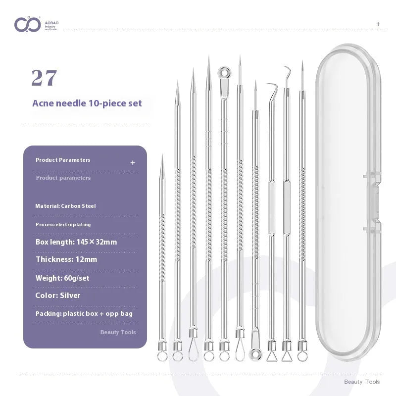 Four metal acne needles with ultra-fine pointed tips laid out in a set.
