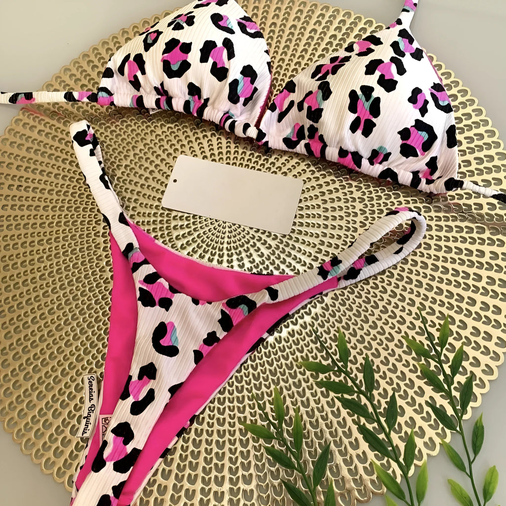 Women's printed bikini swimsuit with nylon quick-drying fabric and cotton lining