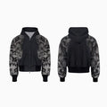 Streetwear three-piece set showing hoodie, seven-inch shorts and loose fit trousers with printed collage detail