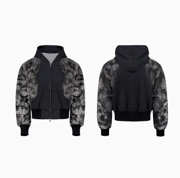 Streetwear three-piece set showing hoodie, seven-inch shorts and loose fit trousers with printed collage detail