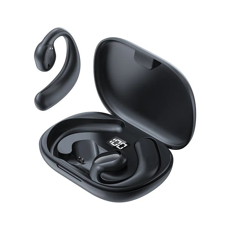 Black ear-mounted Bluetooth headset with non in-ear design showing digital display screen