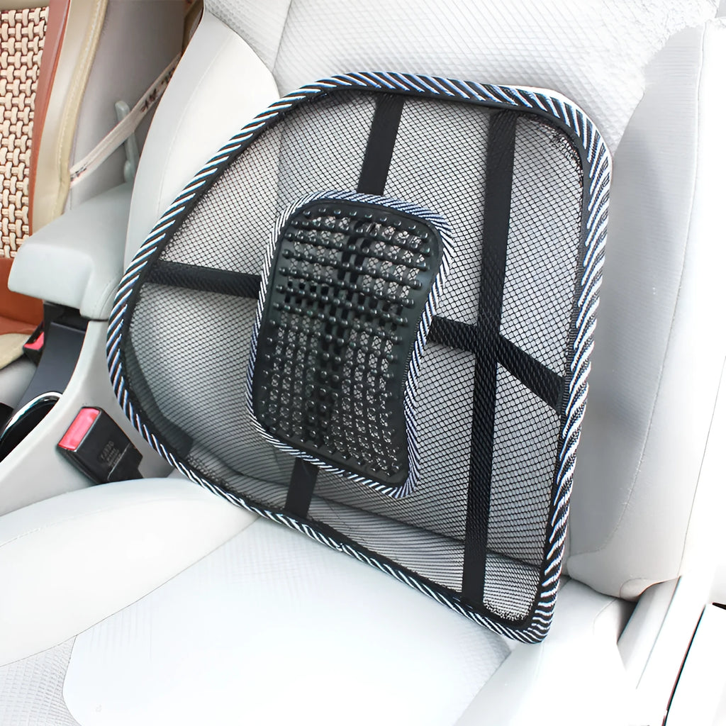 Black leather lumbar support pillow with steel wire frame measuring 41 x 39 cm