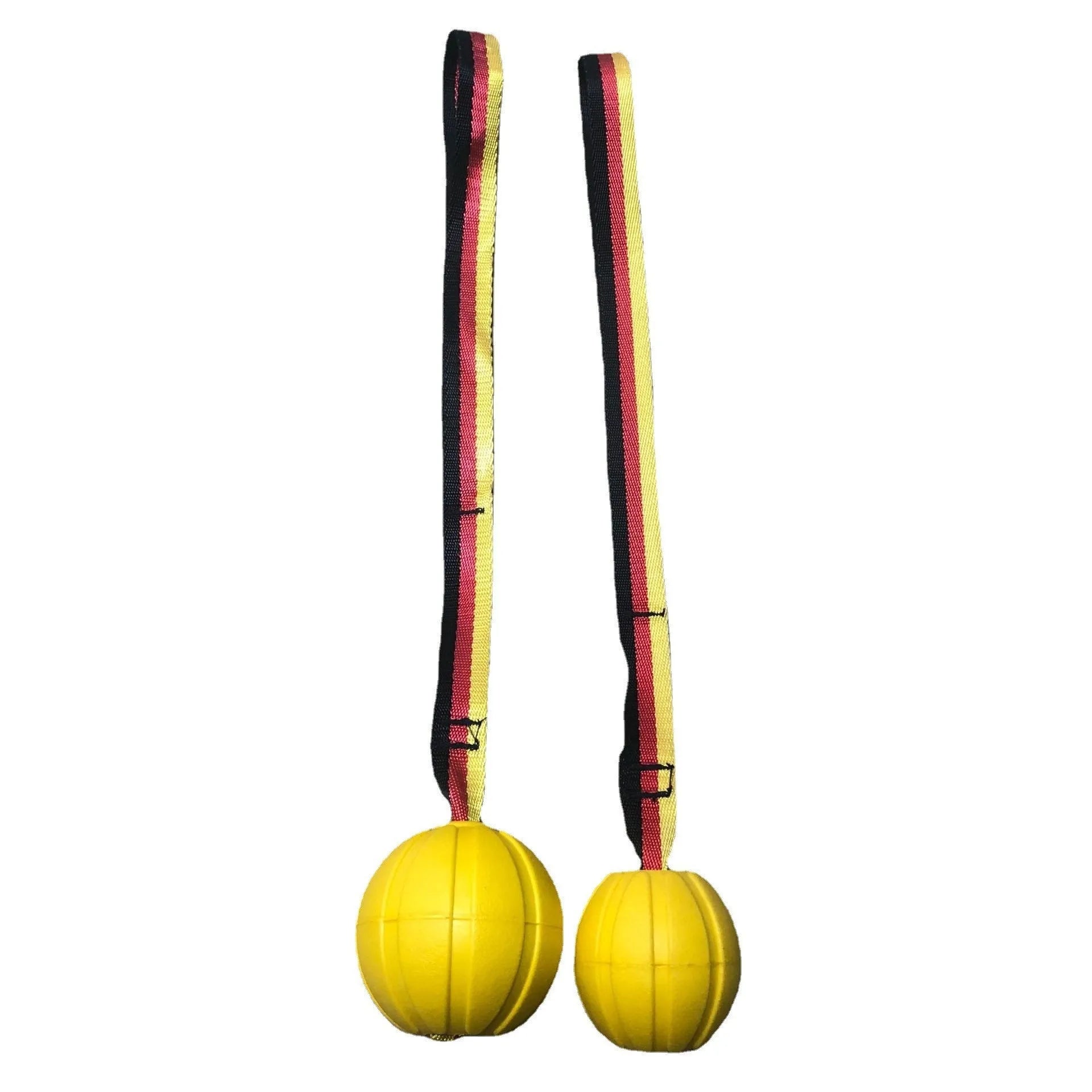 EVA floating dog training ball in camouflage colour and yellow, shown in 65mm, 7cm, and 9cm diameter sizes.