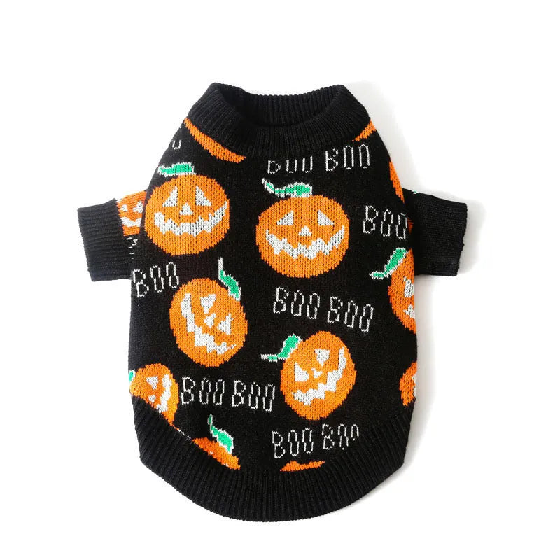 Black Halloween dog sweater with orange knitted pumpkin pattern on a mannequin, sizes S to XXL.