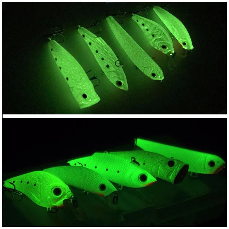 Five fluorescent 3D simulation hard bait fishing lures with luminous design in multiple colours